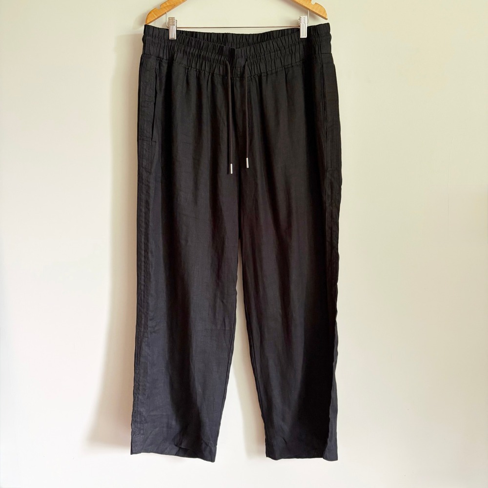 Quince European Linen Wide Leg Pants Size XL Black Drawstring Smocked Pockets